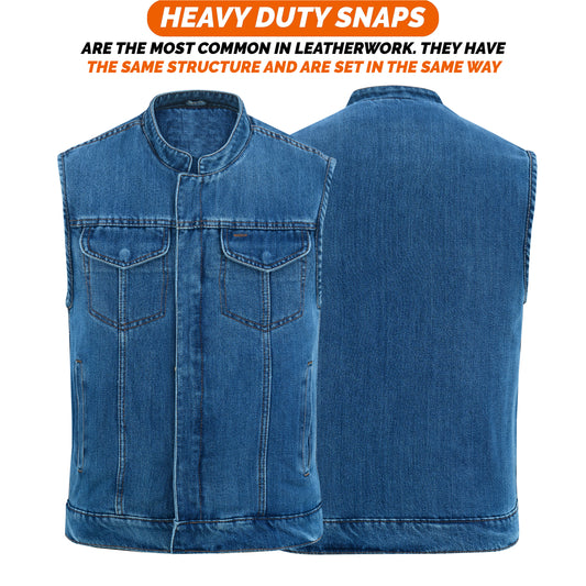 Men's Motorcycle Blue Denim Club Style Vest with Collar 701