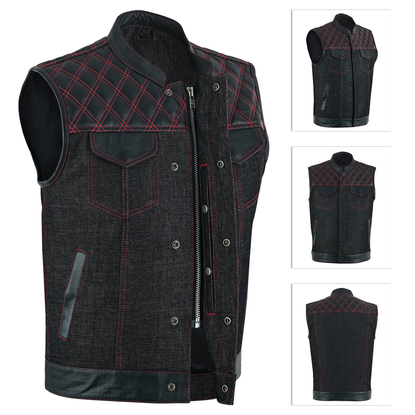 Men's Motorcycle Leather Denim Club Style Vest Red Stitching with Collar 719