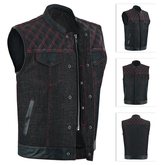 Men's Motorcycle Leather Denim Club Style Vest Red Stitching with Collar 719