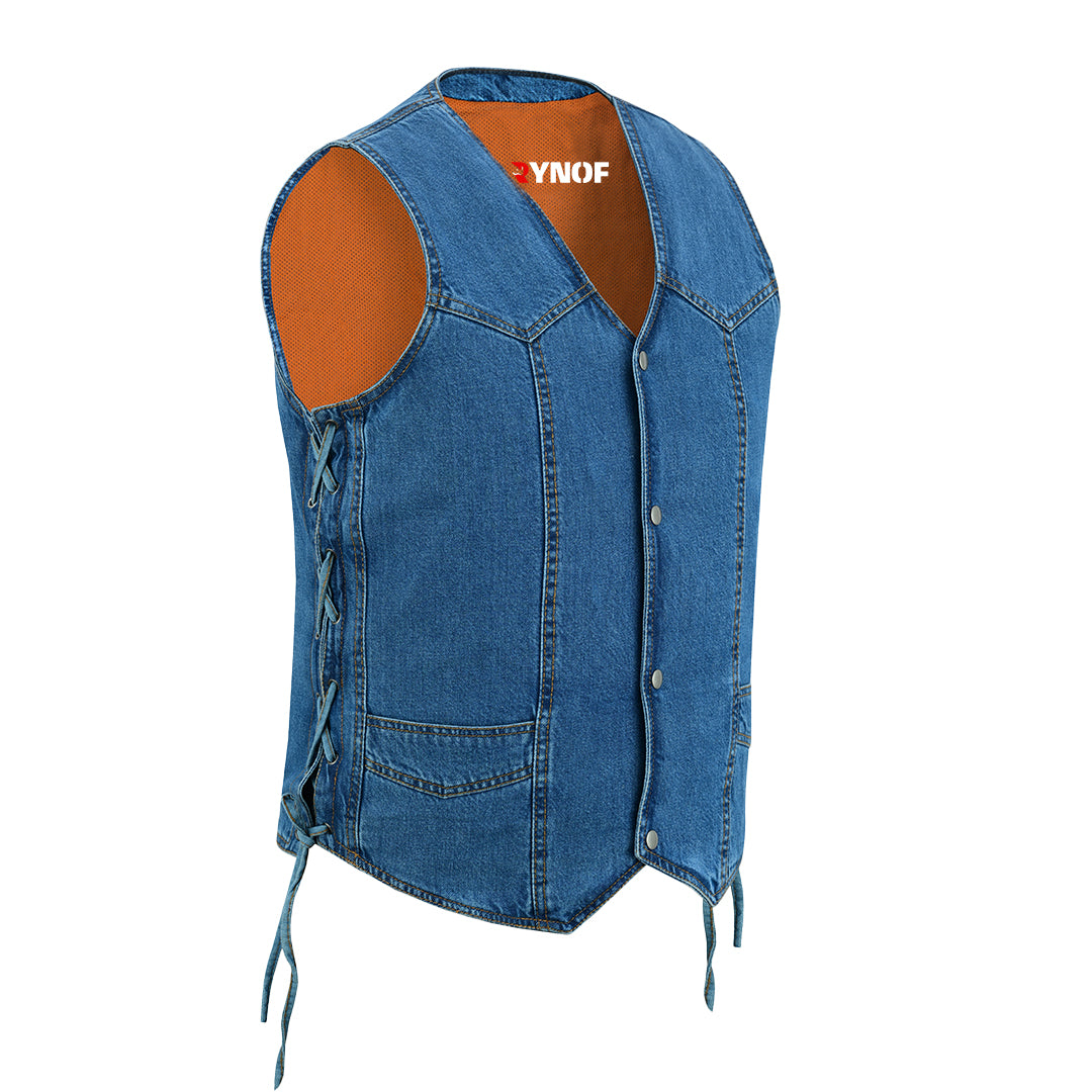 Men's Motorcycle Blue Denim Western Style Vest with Side Laces 388