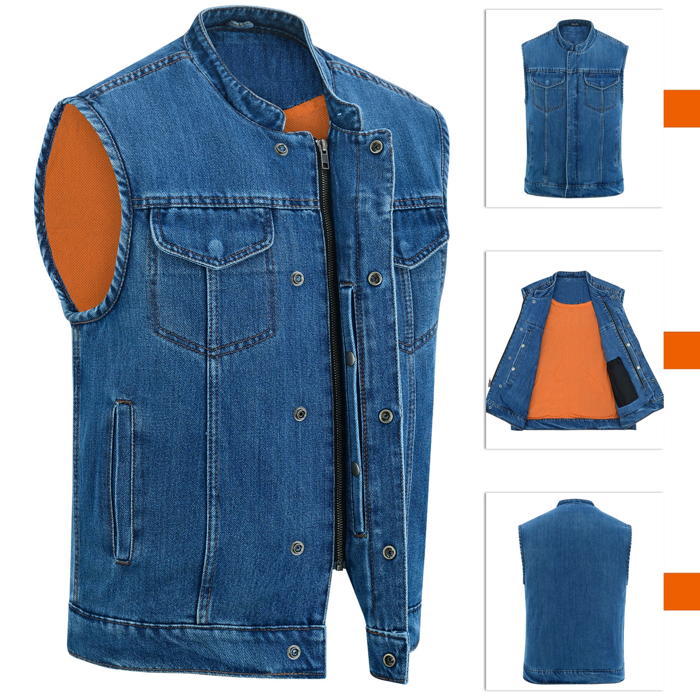 Men's Motorcycle Blue Denim Club Style Vest with Collar 701