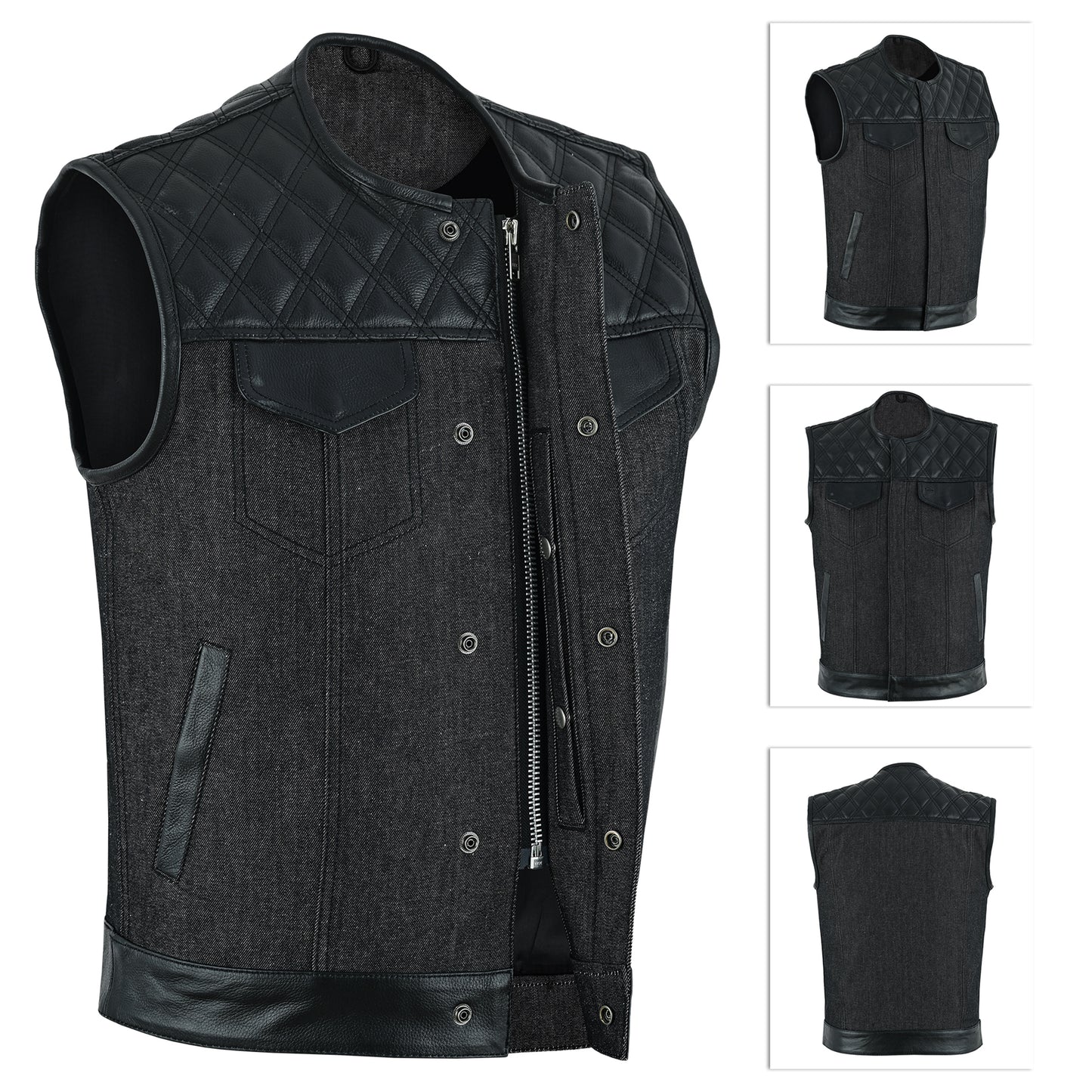 Men's Motorcycle Leather Denim Club Style Vest Black Stitching No Collar 724