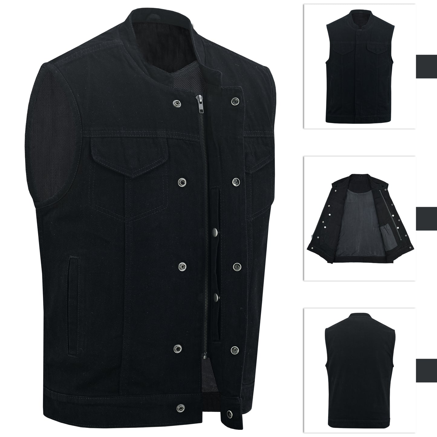 Men's Motorcycle Black Denim Club Style Vest with Collar 499