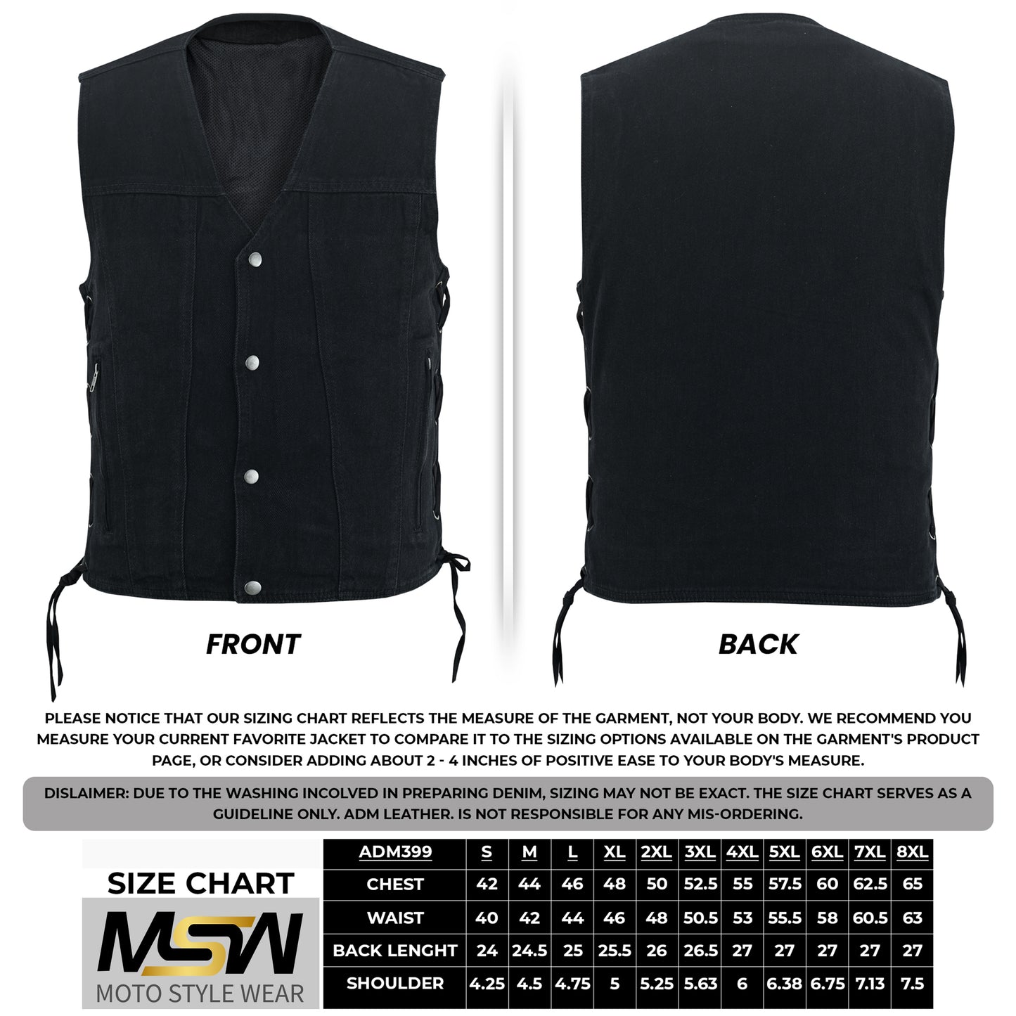 Men's Motorcycle Black Denim Western Style Vest with Side Laces 399