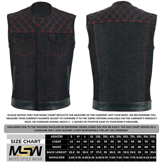 Men's Motorcycle Leather Denim Club Style Vest Red Stitching No Collar 720