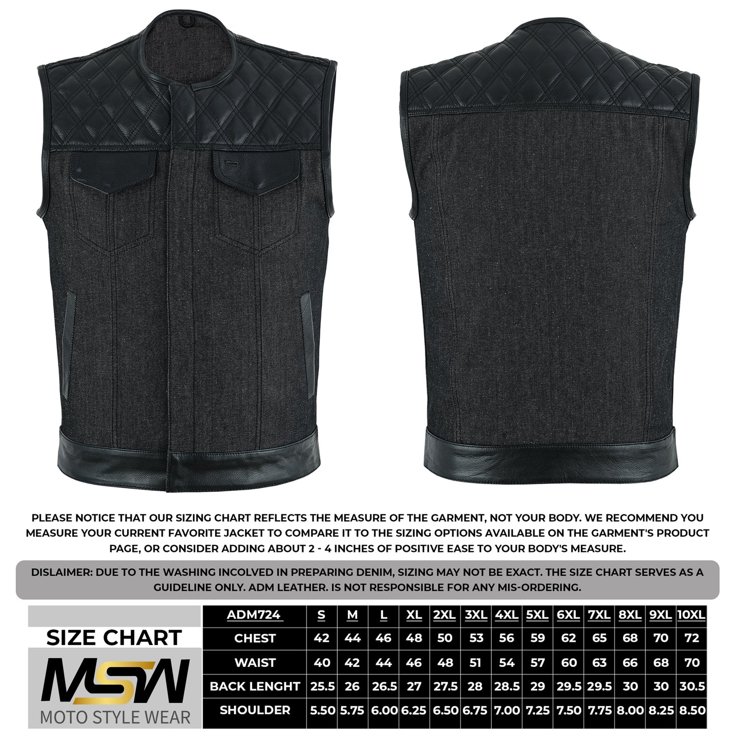 Men's Motorcycle Leather Denim Club Style Vest Black Stitching No Collar 724