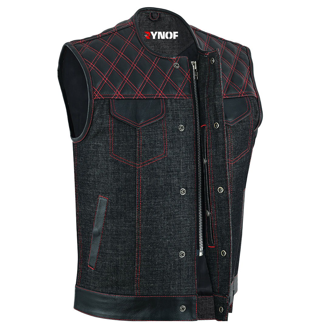 Men's Motorcycle Leather Denim Club Style Vest Red Stitching No Collar 720