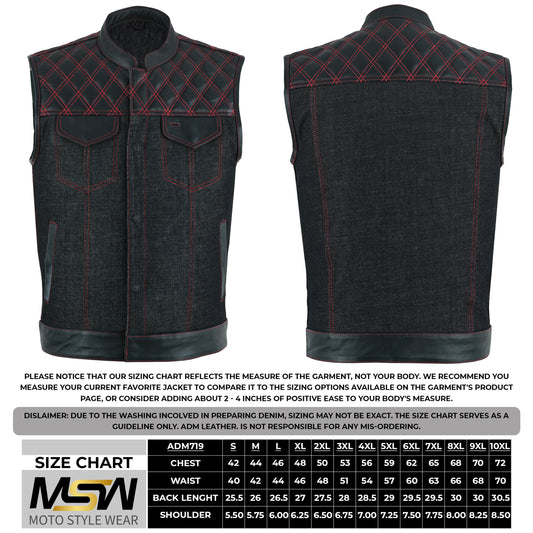 Men's Motorcycle Leather Denim Club Style Vest Red Stitching with Collar 719