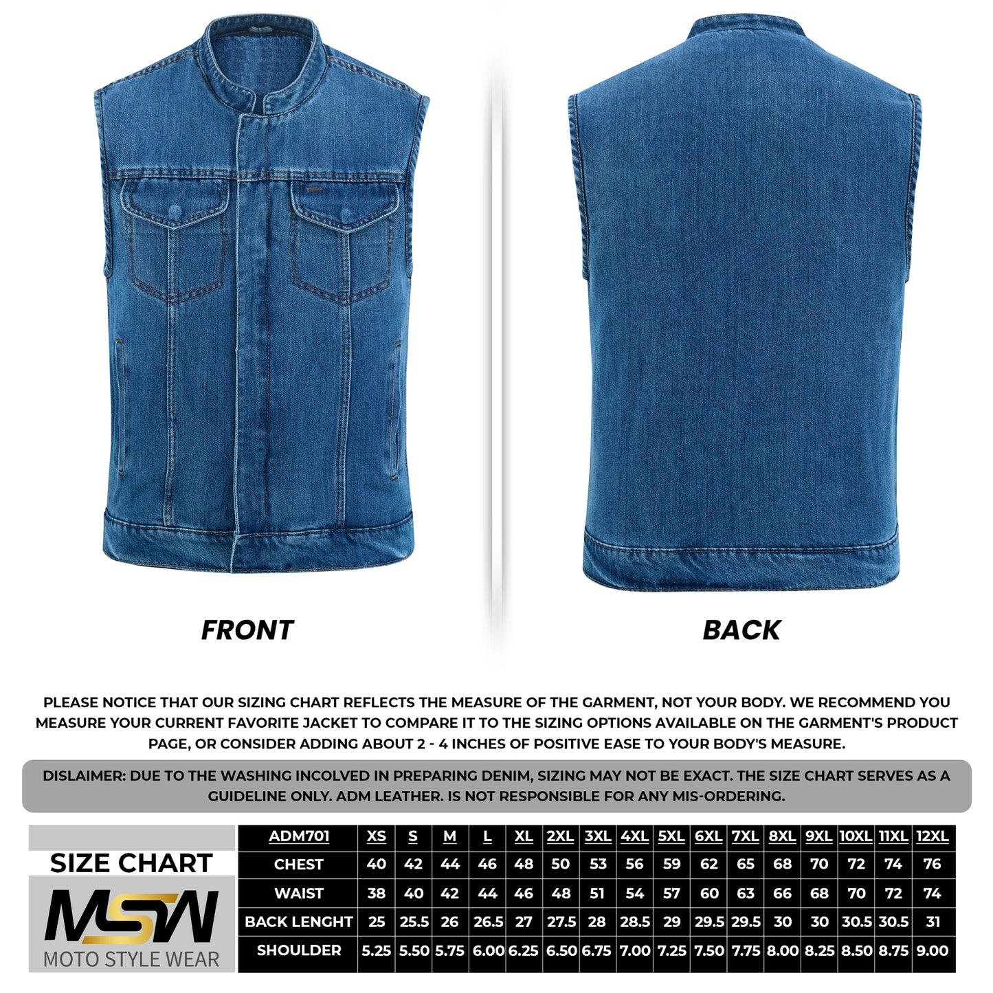 Men's Motorcycle Blue Denim Club Style Vest with Collar 701