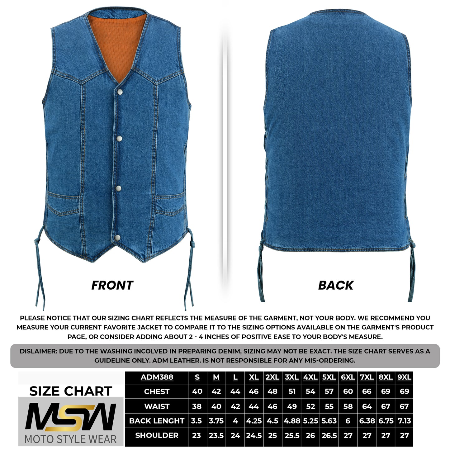 Men's Motorcycle Blue Denim Western Style Vest with Side Laces 388