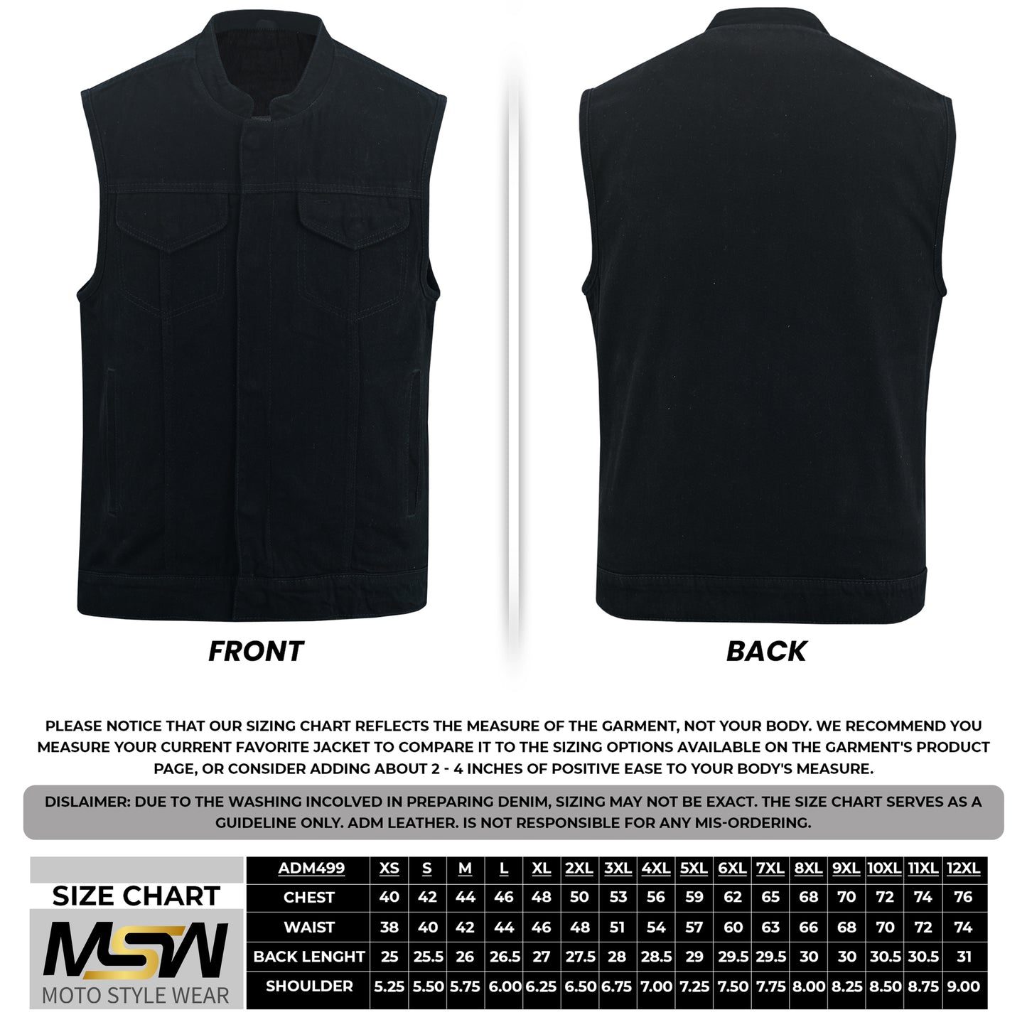 Men's Motorcycle Black Denim Club Style Vest with Collar 499