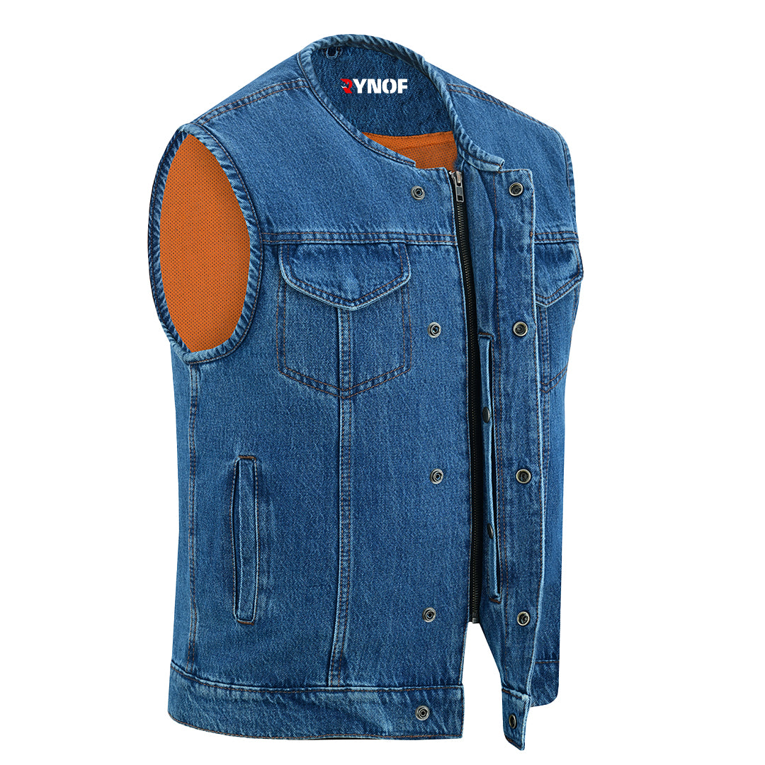 Men's Motorcycle Blue Denim Club Style Vest No Collar 702