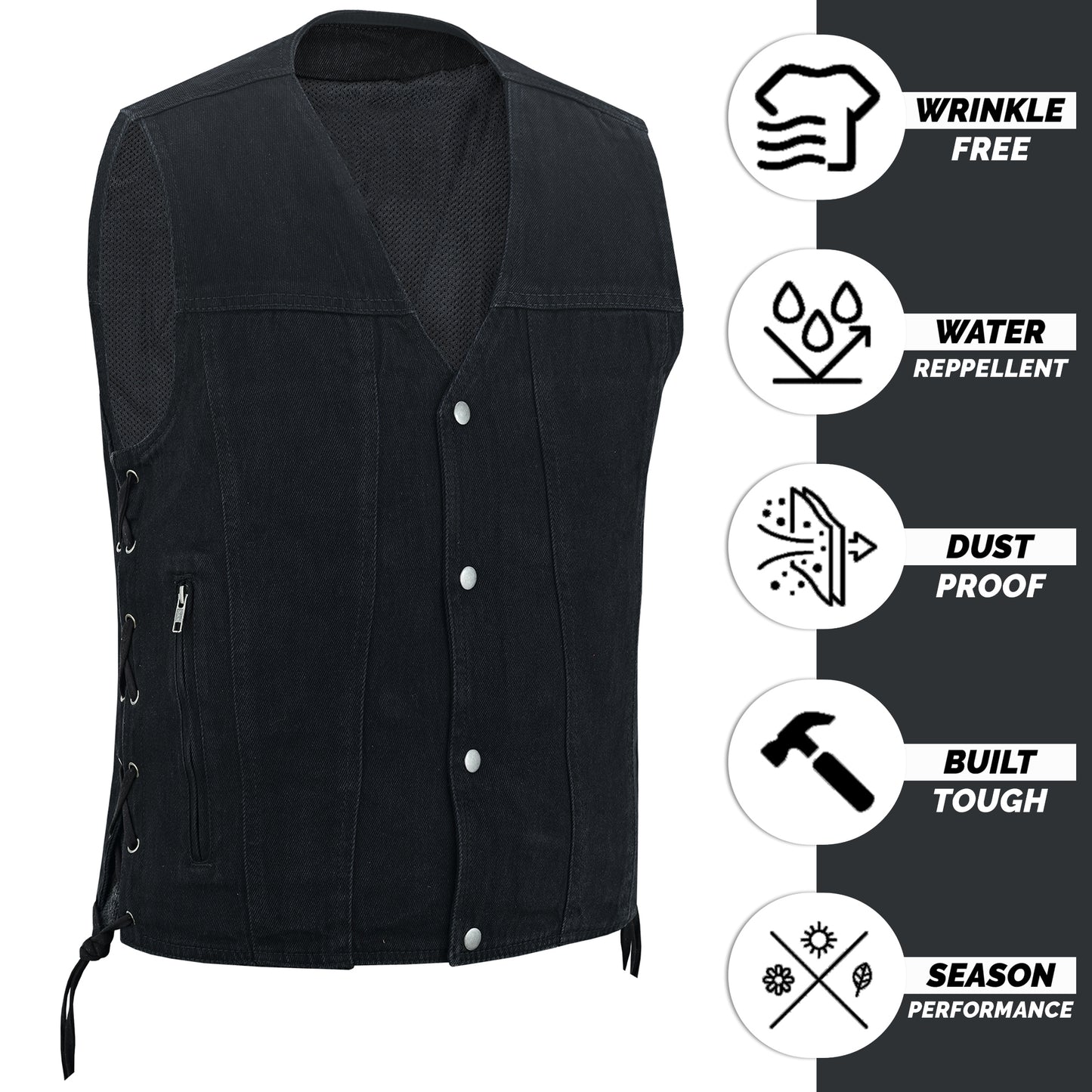 Men's Motorcycle Black Denim Western Style Vest with Side Laces 399