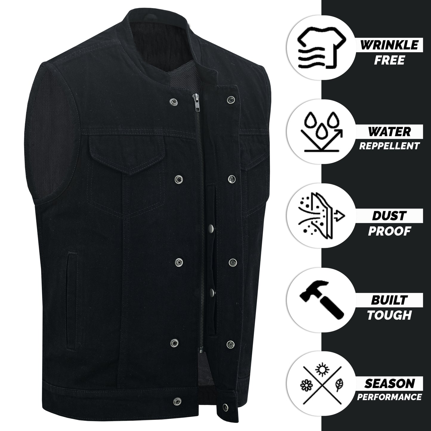 Men's Motorcycle Black Denim Club Style Vest with Collar 499