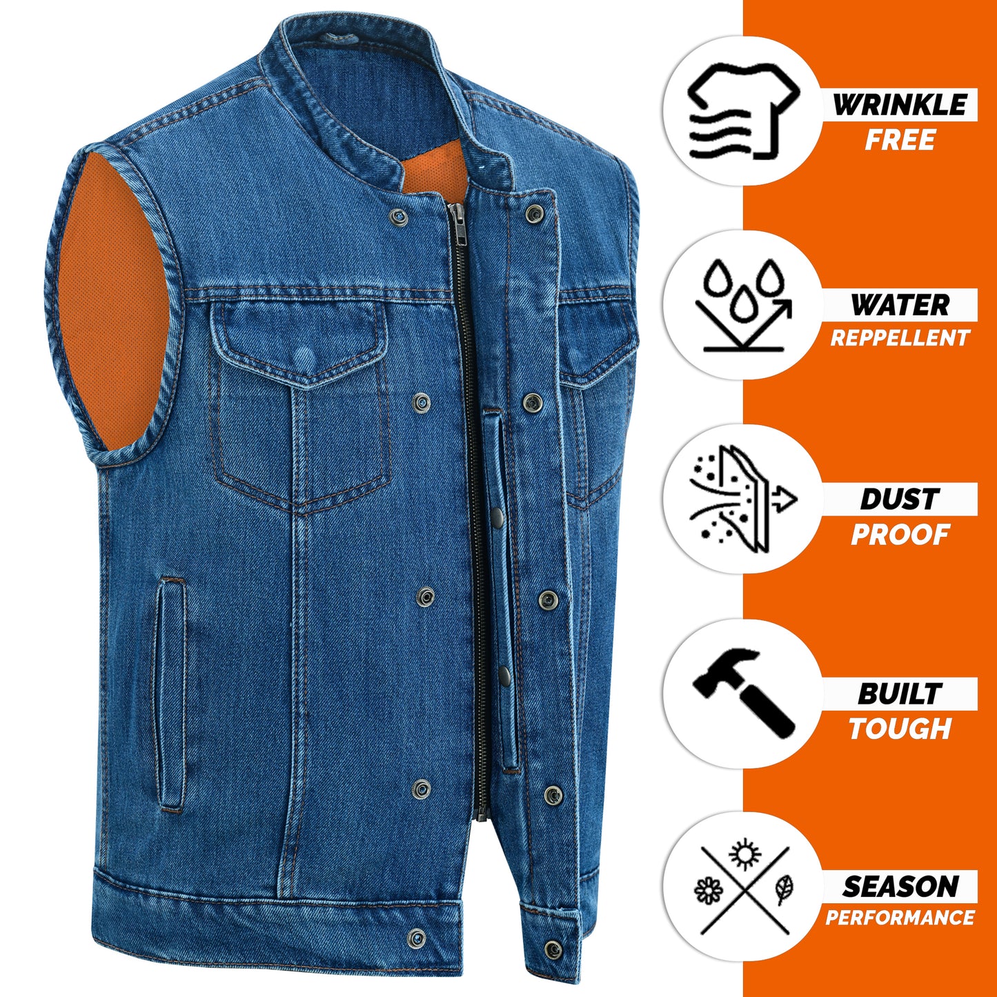 Men's Motorcycle Blue Denim Club Style Vest with Collar 701