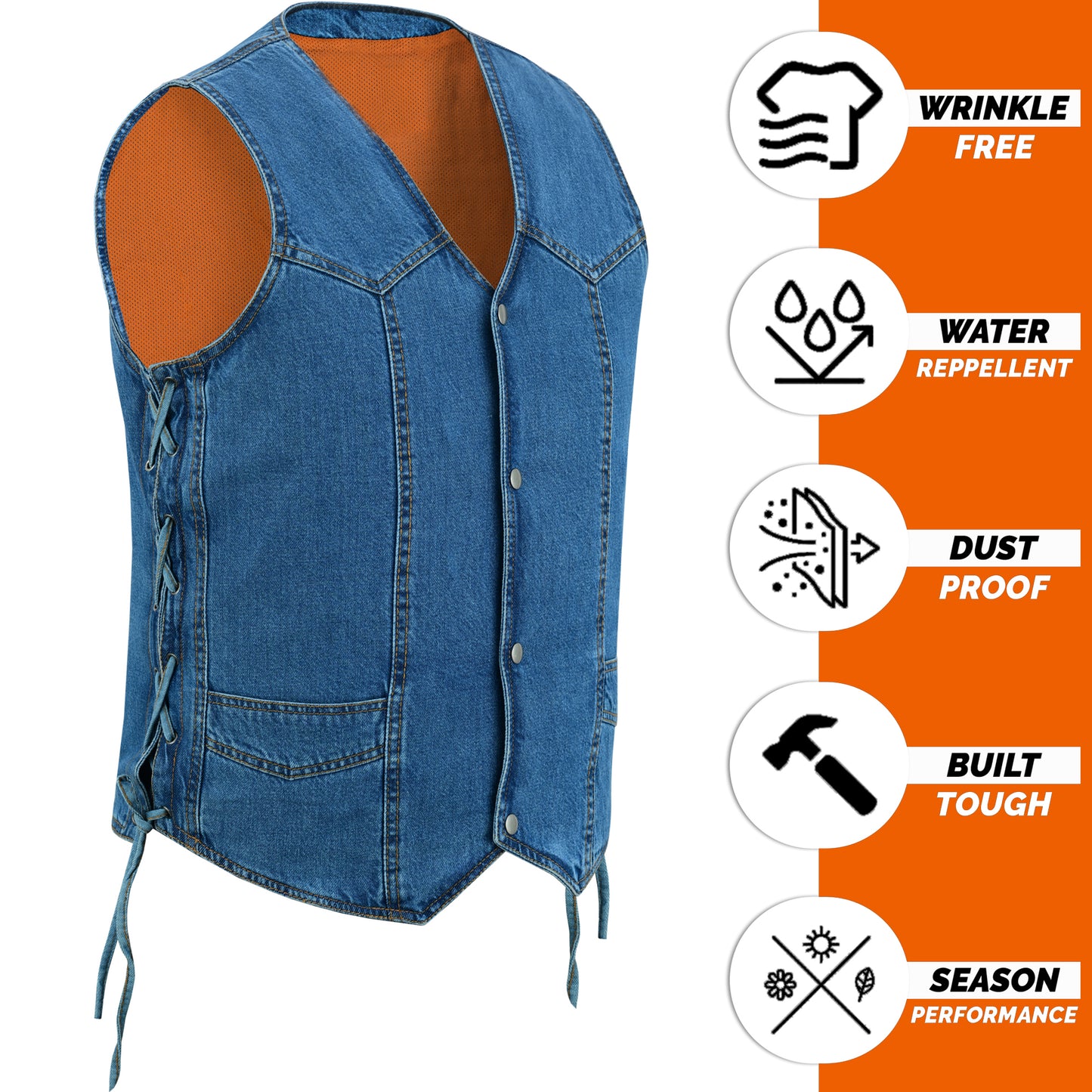 Men's Motorcycle Blue Denim Western Style Vest with Side Laces 388