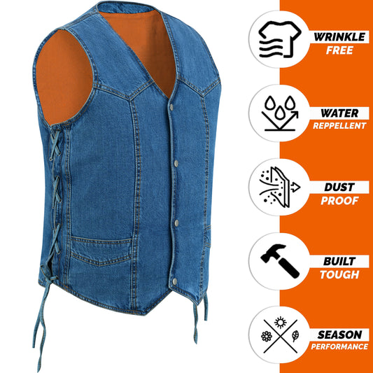 Men's Motorcycle Blue Denim Western Style Vest with Side Laces 388