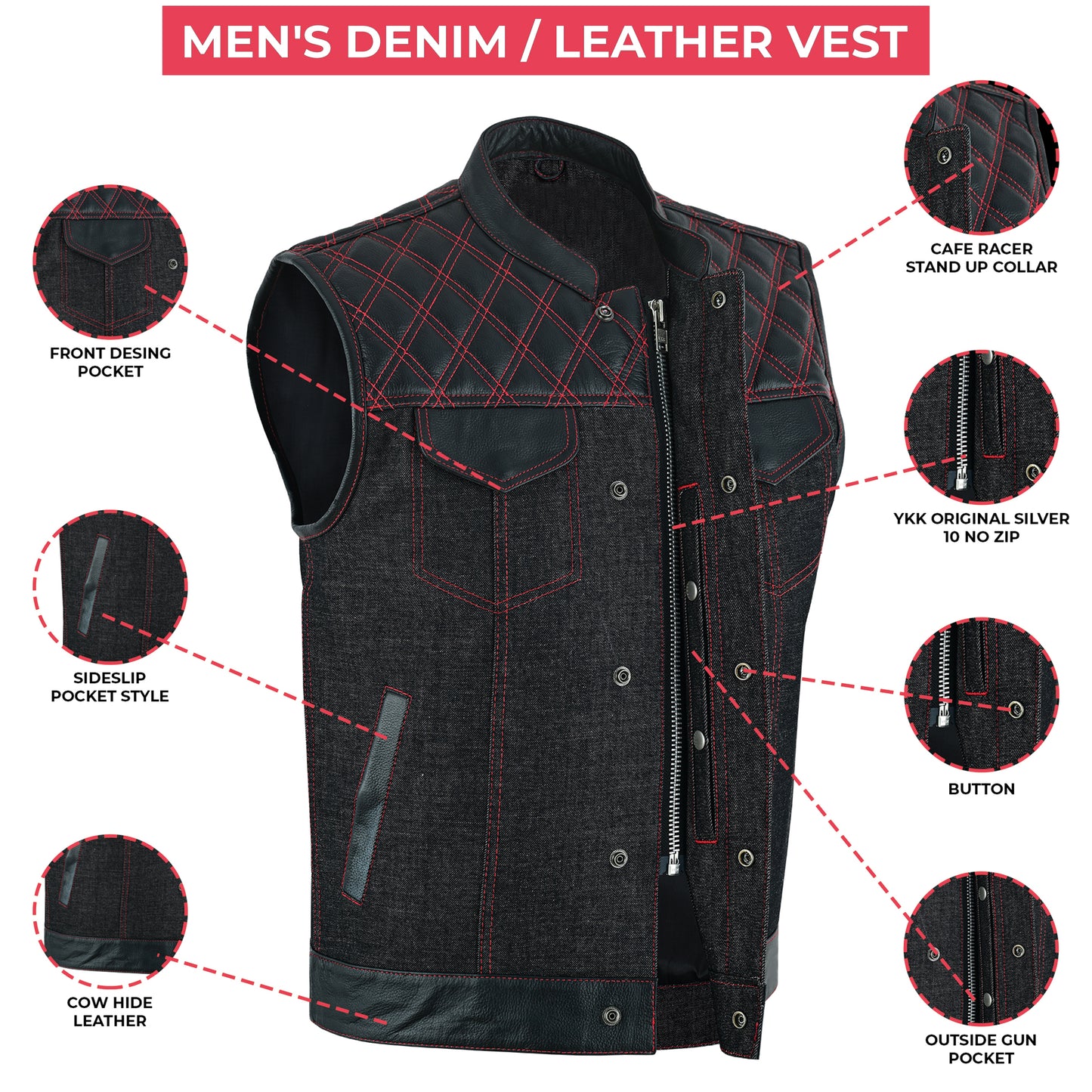 Men's Motorcycle Leather Denim Club Style Vest Red Stitching with Collar 719