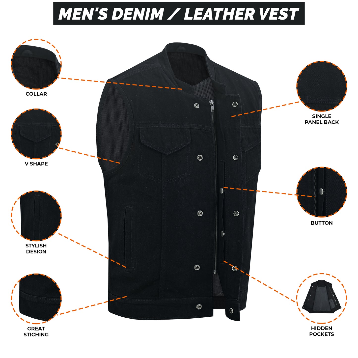 Men's Motorcycle Black Denim Club Style Vest with Collar 499