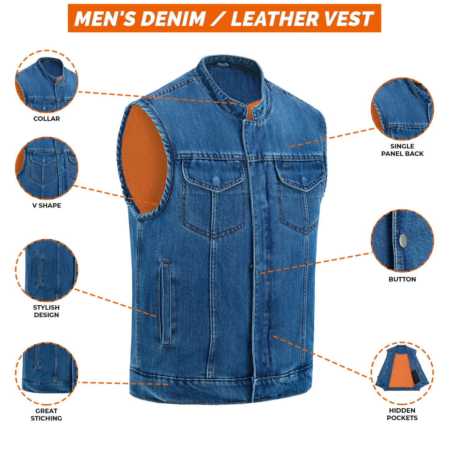 Men's Motorcycle Blue Denim Club Style Vest with Collar 701