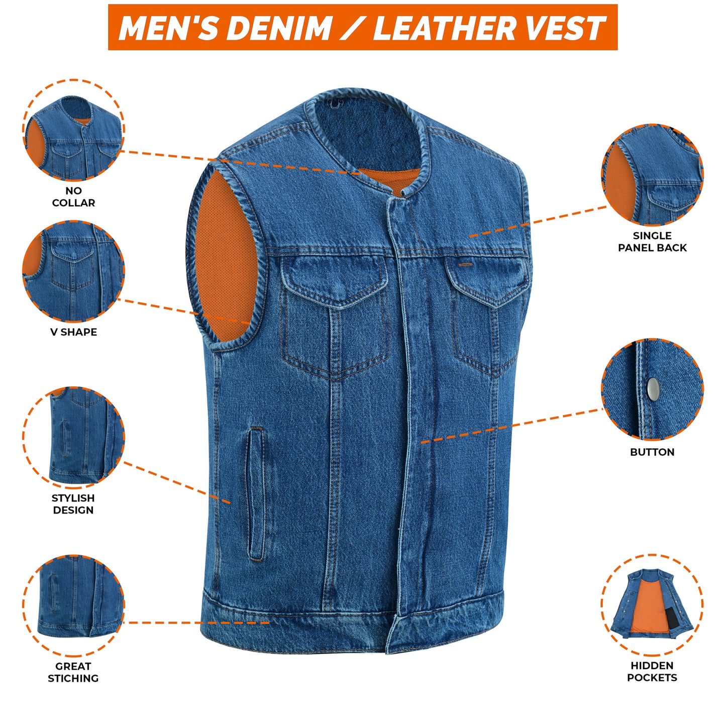 Men's Motorcycle Blue Denim Club Style Vest No Collar 702