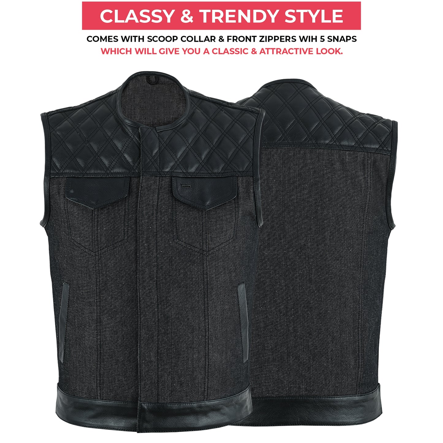 Men's Motorcycle Leather Denim Club Style Vest Black Stitching No Collar 724