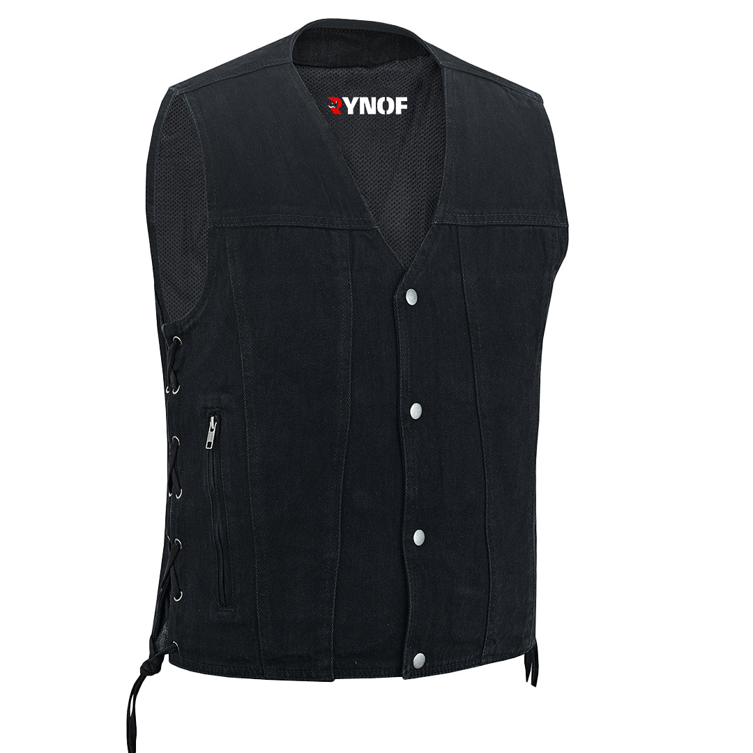 Men's Motorcycle Black Denim Western Style Vest with Side Laces 399