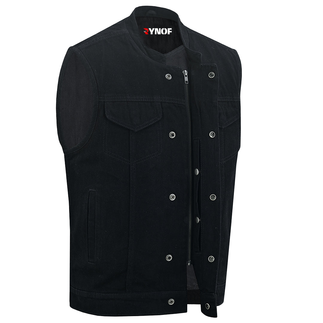 Men's Motorcycle Black Denim Club Style Vest with Collar 499